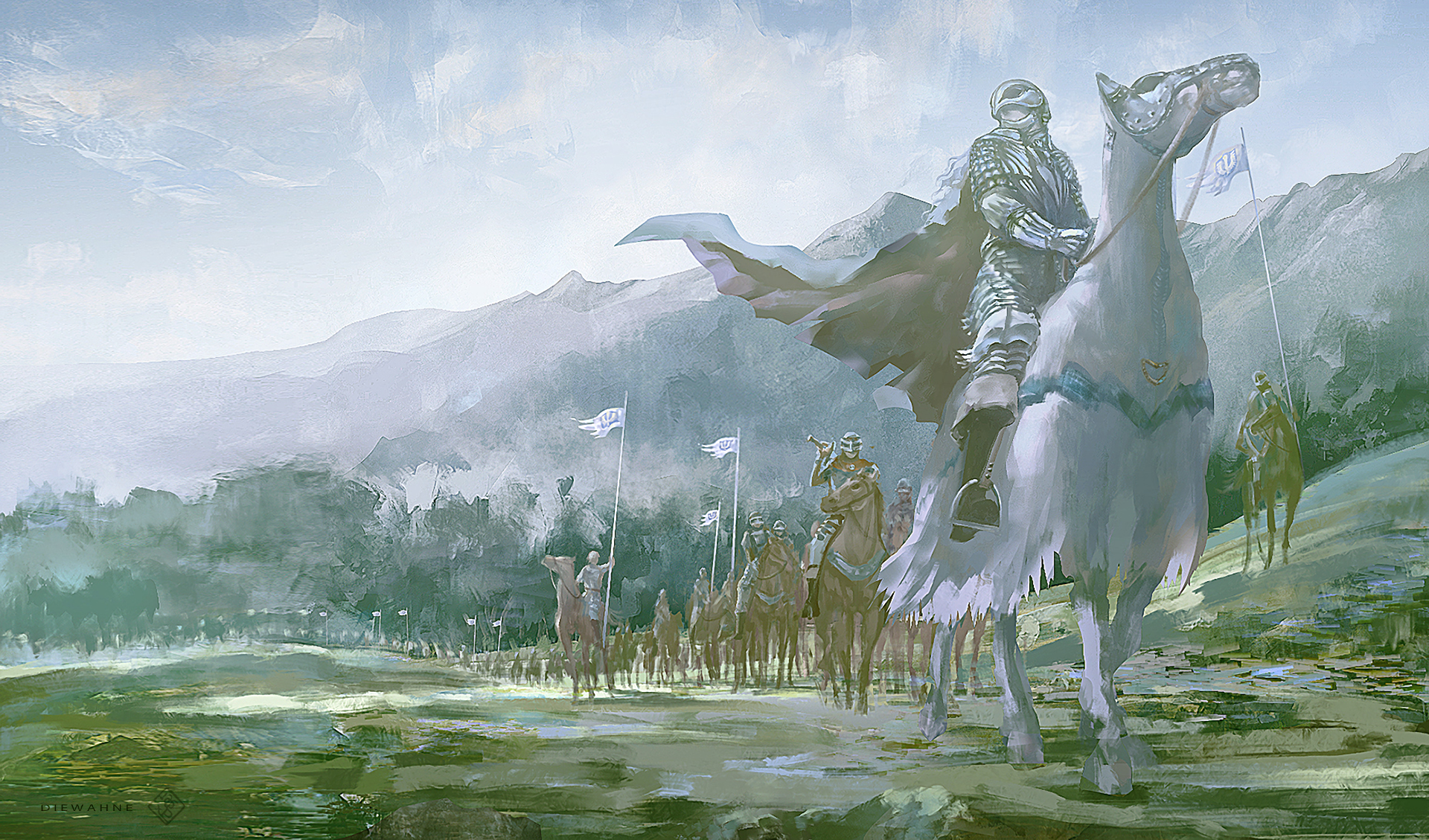 HD PC desktop wallpaper featuring a dramatic anime scene from Berserk, showing a lone armored rider on a white horse leading a troop through a misty, mountainous landscape.