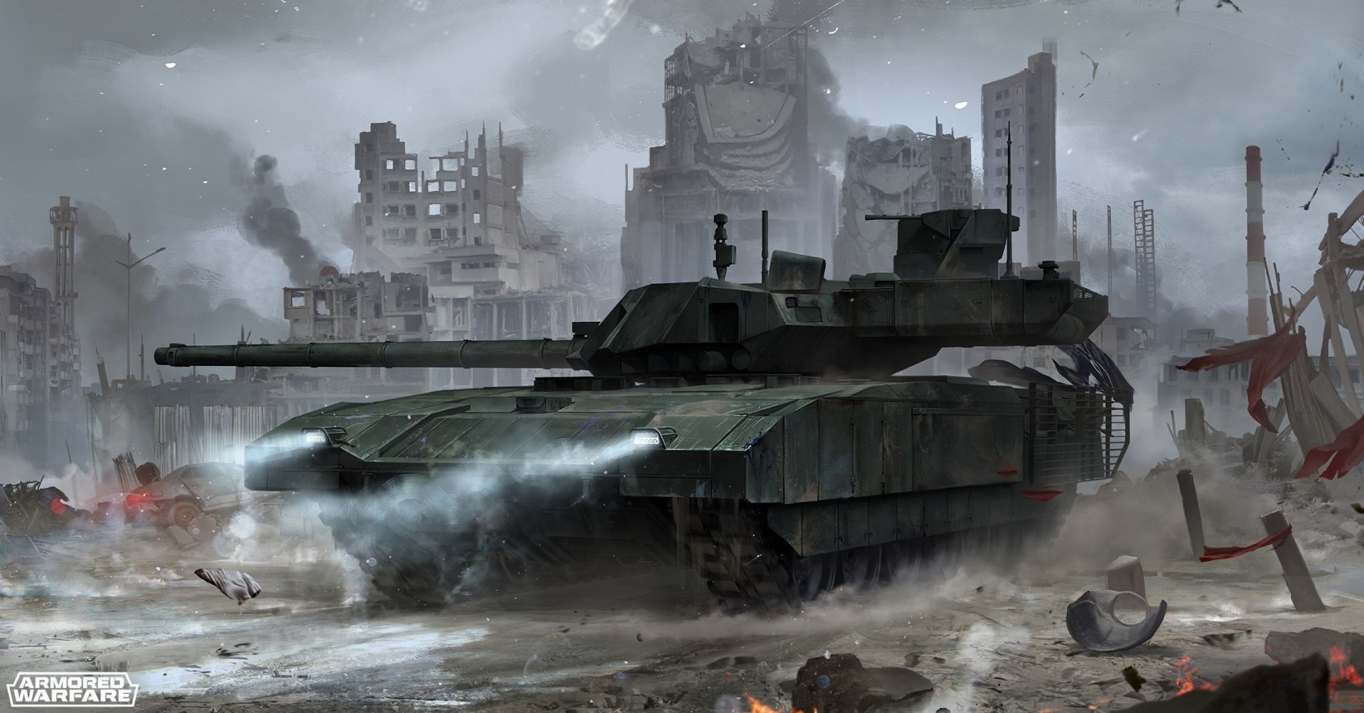 HD desktop wallpaper from the video game Armored Warfare, featuring a tank in a ruined city with smoky, war-torn surroundings.
