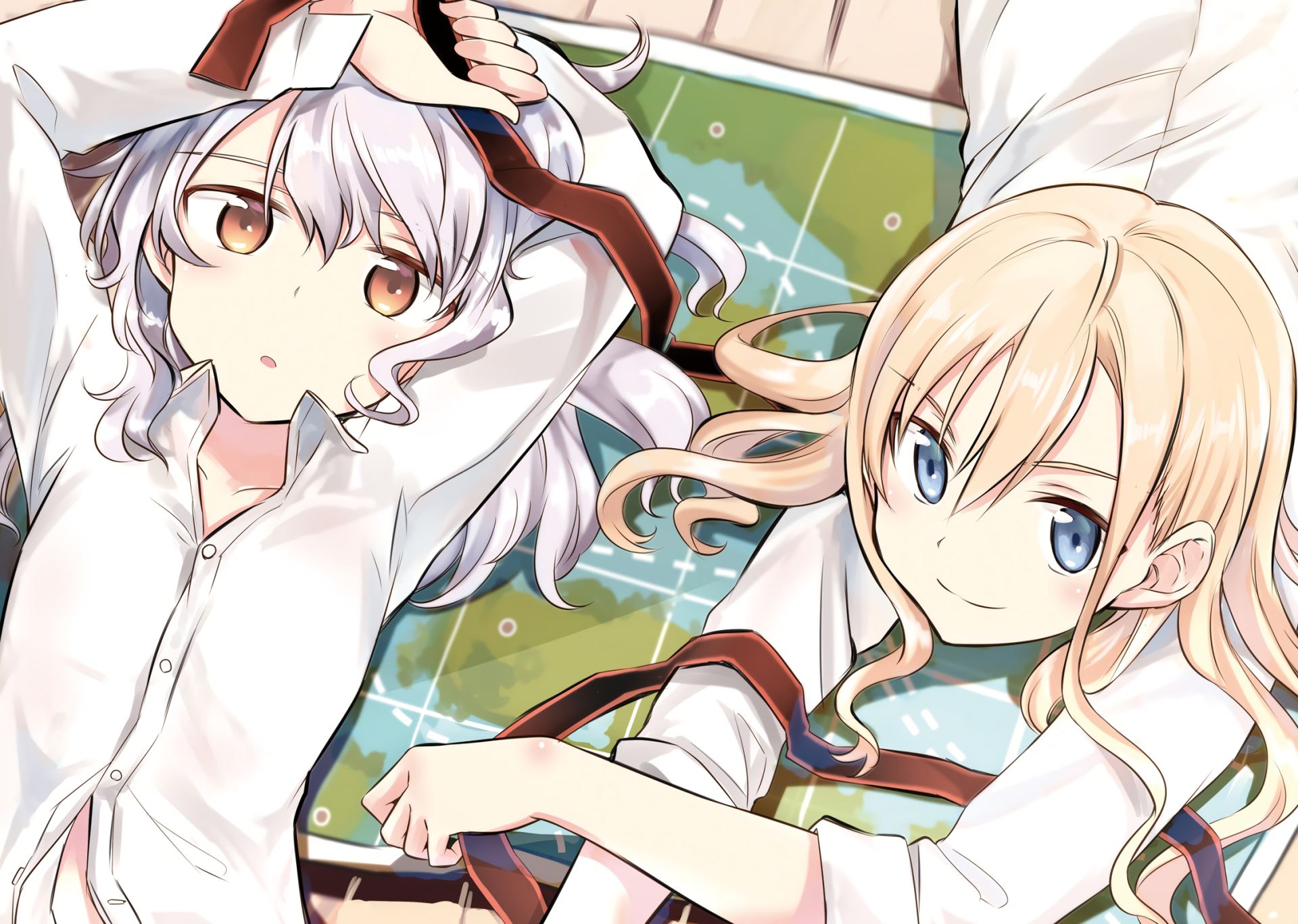 HD anime wallpaper featuring Wilhelmina Braunschweig Ingenohl Friedeburg and Thea Kreutzer from High School Fleet, showcasing the characters in a relaxed pose.