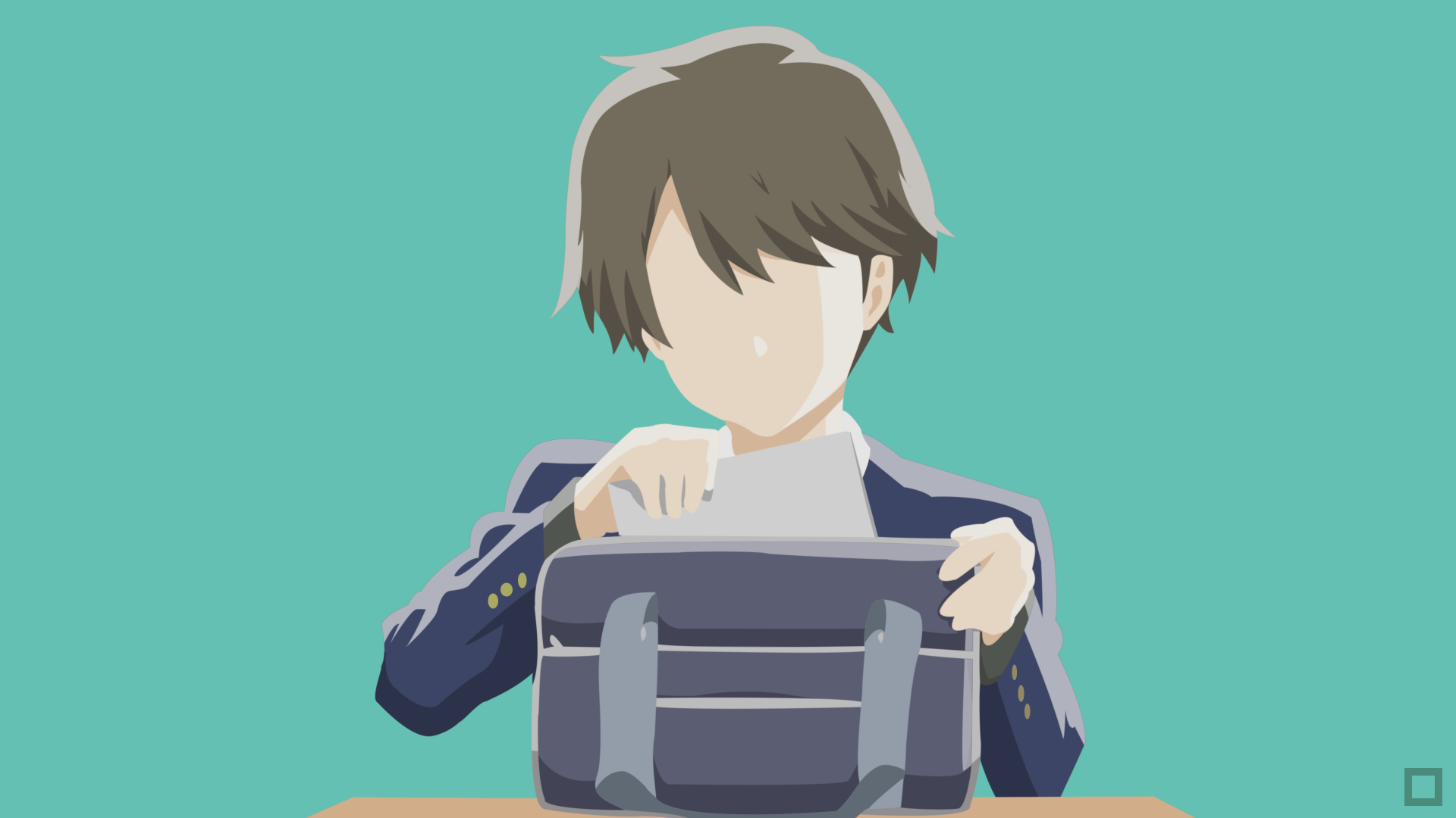 Minimalist 4K Ultra HD anime wallpaper of Kotarō Azumi from Tsuki ga Kirei holding a school bag against a teal background.