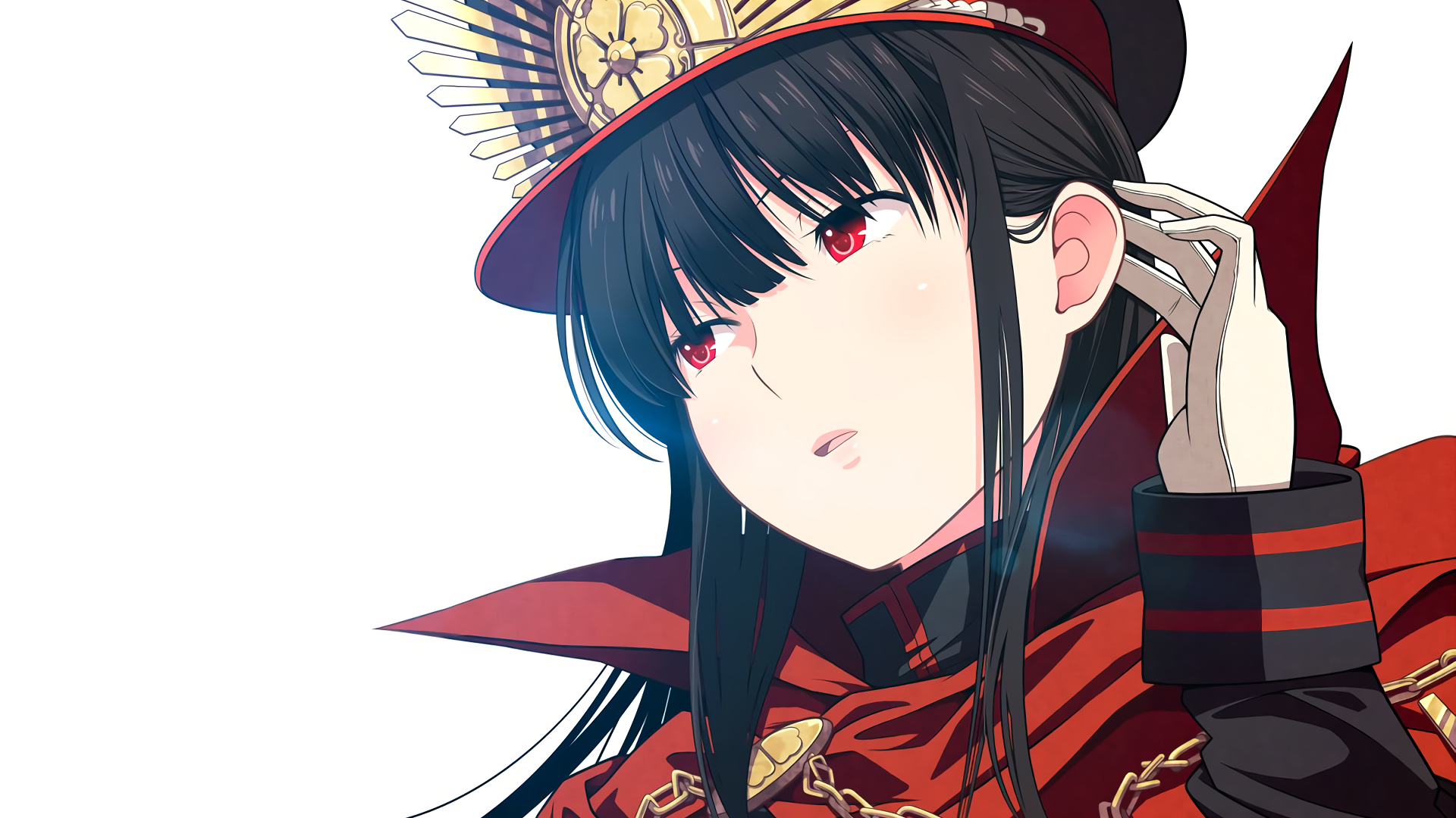 HD PC desktop wallpaper featuring Demon Archer from Fate/Grand Order with striking red eyes and detailed black and red attire in anime style.