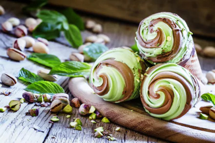 HD wallpaper featuring a still life of three swirled ice cream cones in green and brown, surrounded by scattered nuts and fresh mint leaves on a rustic wooden background.