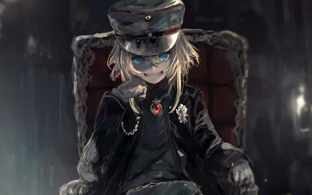 HD wallpaper featuring Tanya Degurechaff from Youjo Senki, an anime character with blue eyes, blonde hair, and a hat, sitting on a throne-like chair.