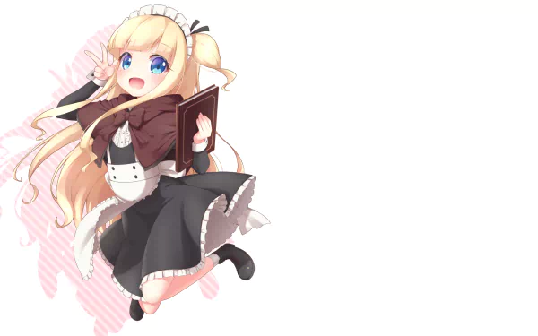 HD PC desktop wallpaper featuring Mayuki Hiiragi from the anime Hinako Note, depicted in a detailed maid outfit with a book in hand against a light background.