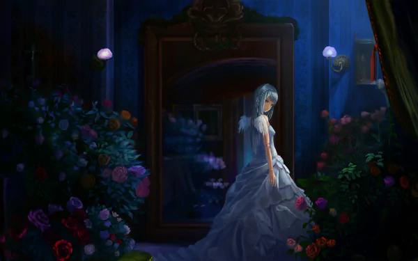 Suigintou from Rozen Maiden in a white dress, surrounded by roses and flowers, stands before a mirror in a dark, fantasy-inspired anime scene with vampire and angel motifs.