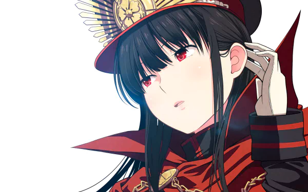 HD PC desktop wallpaper featuring Demon Archer from Fate/Grand Order with striking red eyes and detailed black and red attire in anime style.