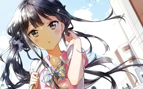 Anime character Aki Adagaki from Masamune-kun's Revenge stands outdoors, holding her hair with a thoughtful expression. This HD wallpaper captures Aki in a vivid and detailed scene.
