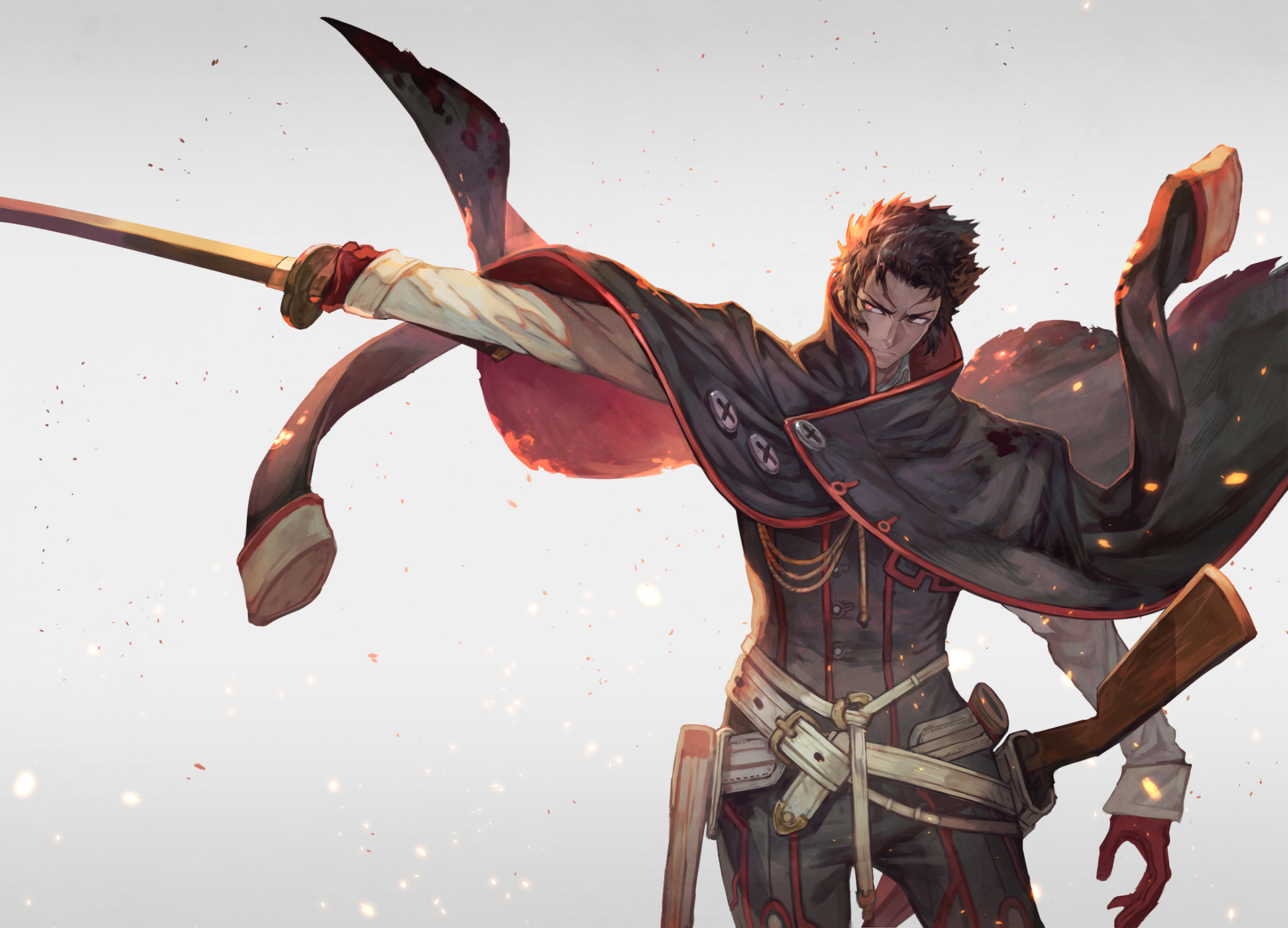 HD desktop wallpaper featuring Toshizou Hijikata from Fate/Grand Order, showcasing a dynamic anime-style pose with a sword against a minimalist background.