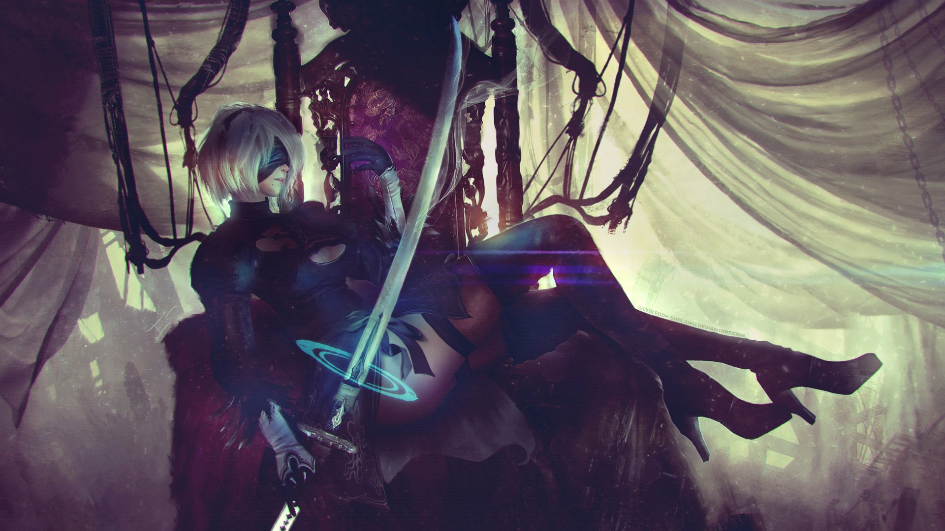 HD desktop wallpaper featuring YoRHa No.2 Type B from the video game NieR: Automata. The character is depicted with a sword, standing against an ethereal and dramatic backdrop.