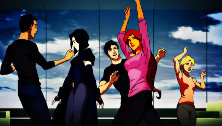 HD desktop wallpaper featuring Jaime Reyes, Terra, Raven, Dick Grayson, and Ricardo Tapia from Teen Titans: The Judas Contract, showcasing dynamic poses and vibrant colors.