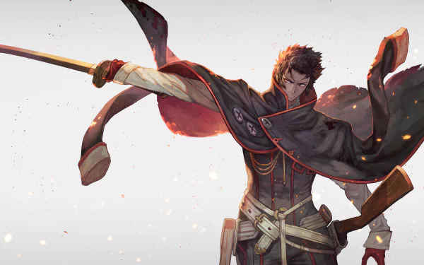 HD desktop wallpaper featuring Toshizou Hijikata from Fate/Grand Order, showcasing a dynamic anime-style pose with a sword against a minimalist background.