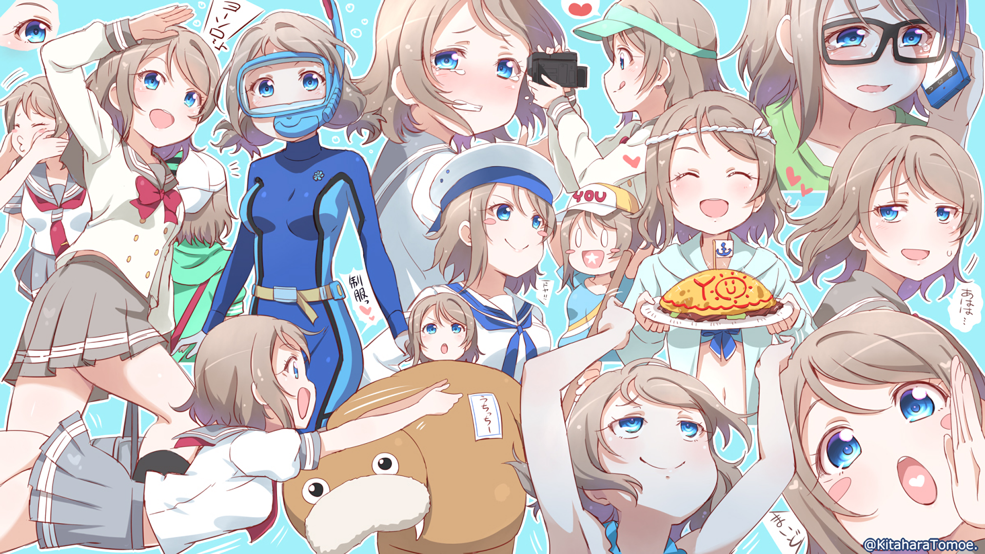 HD desktop wallpaper featuring You Watanabe from the anime Love Live! Sunshine!!. The image showcases various expressions and activities of the character against a light blue background.