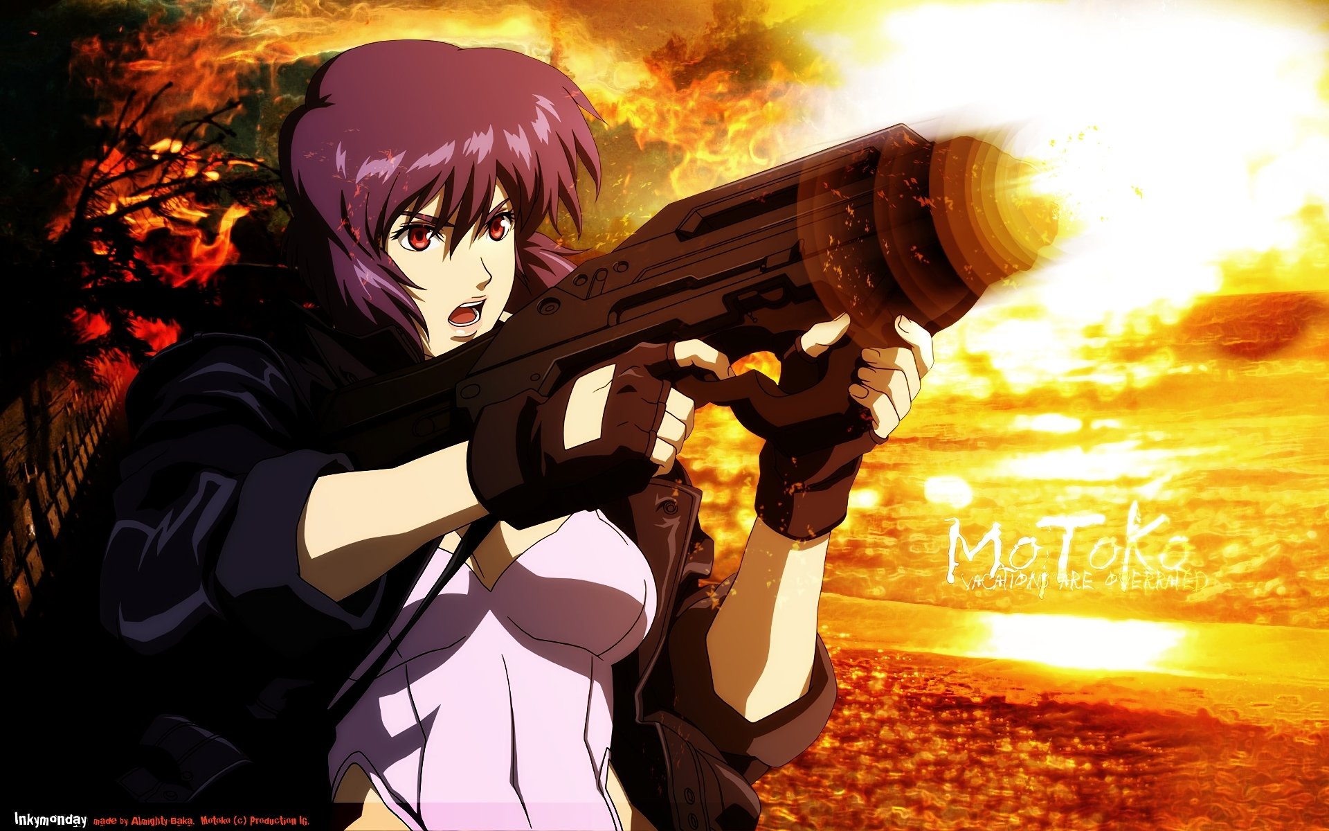 Anime HD PC desktop wallpaper/background from Ghost in the Shell showing Major Motoko Kusanagi aiming a heavy weapon against a blazing sunset seascape.