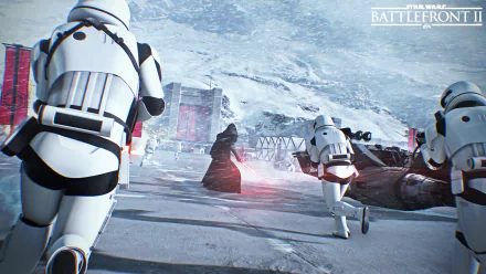 Kylo Ren and stormtroopers advance through a snowy battlefield in a scene from Star Wars Battlefront II (2017) video game. HD desktop wallpaper and background.