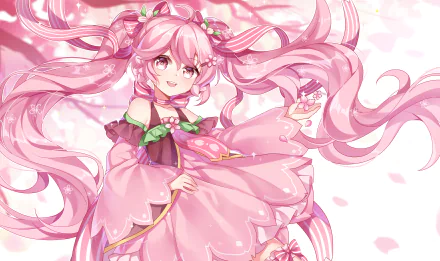 Sakura Miku (anime Vocaloid) in a pink cherry-blossom dress with flowing twin-tails and falling petals, rendered as a 2K Quad HD PC desktop wallpaper background.