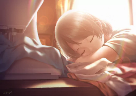 HD PC desktop wallpaper of You Watanabe from Love Live! Sunshine!!: a serene anime scene of her sleeping on a desk, bathed in warm sunlight and soft lens flares.