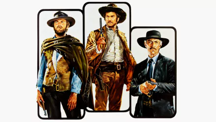 HD PC desktop wallpaper featuring Lee Van Cleef, Eli Wallach, and Clint Eastwood from the movie The Good, the Bad and the Ugly in distinct frames.