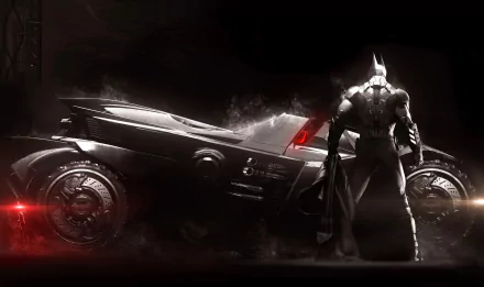 HD wallpaper of Batman standing next to the Batmobile from the video game Batman: Arkham Knight, featuring dark, dramatic lighting and a powerful atmosphere.