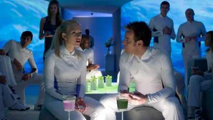 HD PC desktop wallpaper featuring Scarlett Johansson and Ewan McGregor in a scene from the movie The Island, set in a futuristic, blue-lit environment.