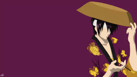 Minimalist HD anime wallpaper featuring Shinsuke Takasugi from Gintama, set against a deep purple background with butterfly motifs on his kimono.