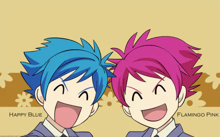 HD PC desktop wallpaper featuring chibi-style anime characters with blue and pink hair from Ouran High School Host Club, set against a beige background.
