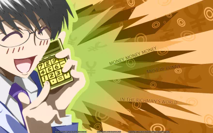 HD PC desktop wallpaper: anime Ouran High School Host Club character laughing while holding a calculator against a dynamic green-orange burst background with stylized text.