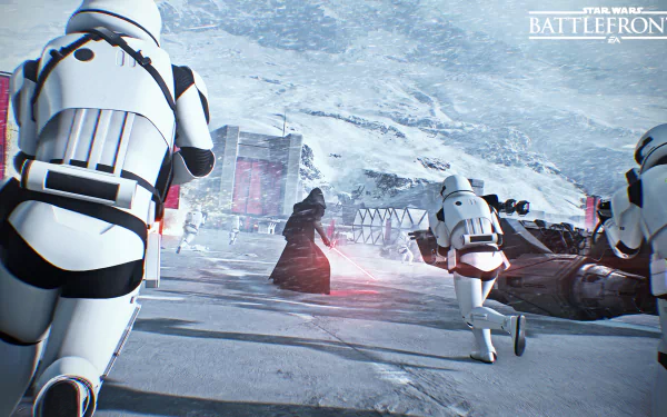 Kylo Ren and stormtroopers advance through a snowy battlefield in a scene from Star Wars Battlefront II (2017) video game. HD desktop wallpaper and background.