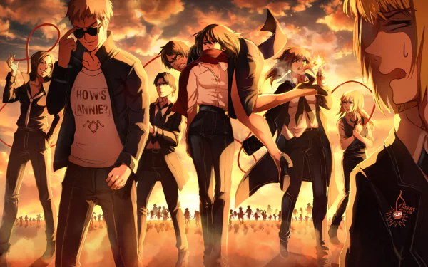 HD desktop wallpaper featuring Levi Ackerman, Ymir, Armin Arlert, Eren Yeager, and Mikasa Ackerman from the anime Attack on Titan, set against a dramatic sky with golden hues.