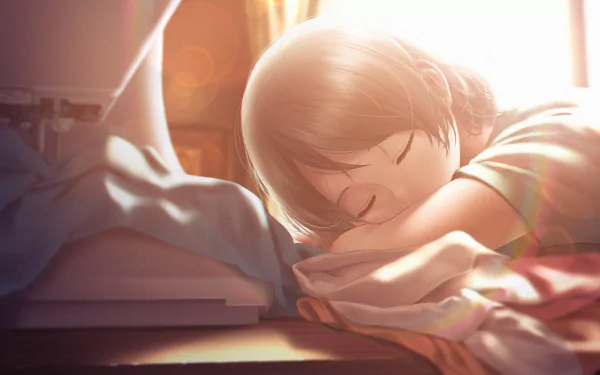 HD PC desktop wallpaper of You Watanabe from Love Live! Sunshine!!: a serene anime scene of her sleeping on a desk, bathed in warm sunlight and soft lens flares.