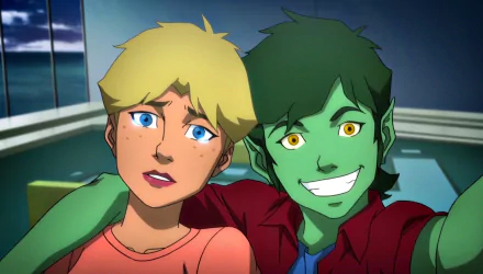 Garfield Logan (Beast Boy) and Terra from Teen Titans: The Judas Contract movie share a close moment, with Beast Boy smiling and Terra showing tears, in this HD desktop wallpaper.