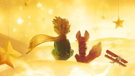 An HD desktop wallpaper and background from the movie The Little Prince, featuring the Little Prince and a fox sitting together under a starry sky with an airplane in view.