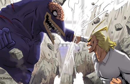 HD desktop wallpaper featuring All Might from the anime My Hero Academia in an intense battle scene, showcasing dynamic action and dramatic visuals.