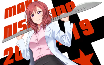 HD PC desktop wallpaper featuring Maki Nishikino from the anime Love Live!, wearing a white lab coat and holding a giant pen against a bold red and black graphic background.