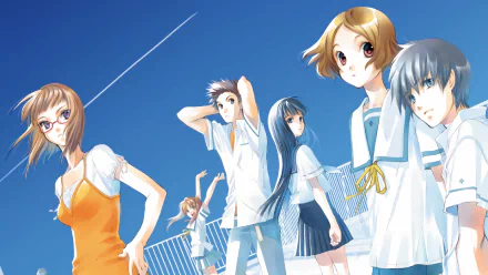 HD PC desktop wallpaper featuring anime characters from Sakurada Reset with vibrant colors and dynamic poses against a bright blue sky background.