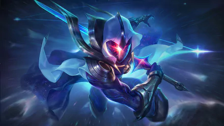 HD desktop wallpaper of Master Yi from League of Legends, showcasing the character in a dynamic pose with glowing armor and a sword, set against a cosmic, radiant background.