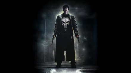 HD PC desktop wallpaper featuring The Punisher (2004) movie character standing in a dark, smoky environment, wearing a coat with the iconic skull emblem.