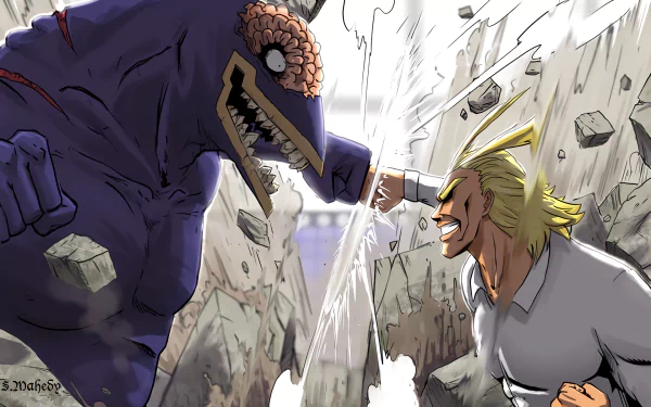 HD desktop wallpaper featuring All Might from the anime My Hero Academia in an intense battle scene, showcasing dynamic action and dramatic visuals.
