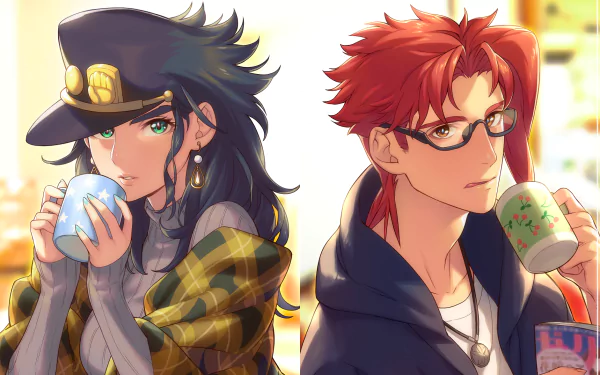 HD desktop wallpaper featuring Jotaro Kujo and Noriaki Kakyoin from Jojo's Bizarre Adventure, depicted in anime style, both enjoying a cup of coffee with a relaxed atmosphere.