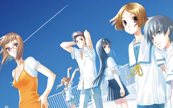 HD PC desktop wallpaper featuring anime characters from Sakurada Reset with vibrant colors and dynamic poses against a bright blue sky background.