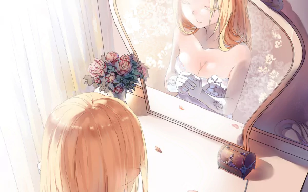 HD anime desktop wallpaper featuring Historia Reiss from Attack on Titan, depicted sitting at a vanity mirror with soft lighting and floral decor.