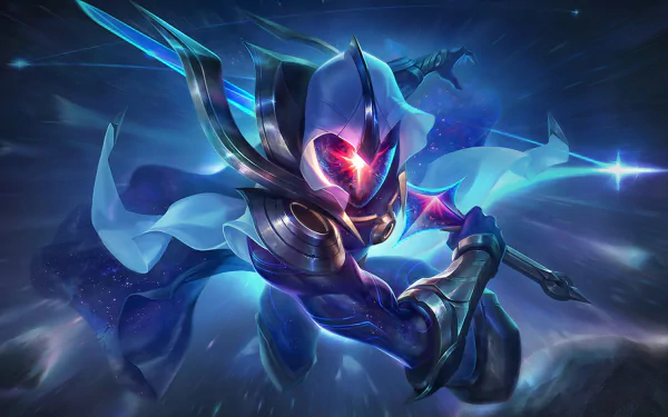 HD desktop wallpaper of Master Yi from League of Legends, showcasing the character in a dynamic pose with glowing armor and a sword, set against a cosmic, radiant background.