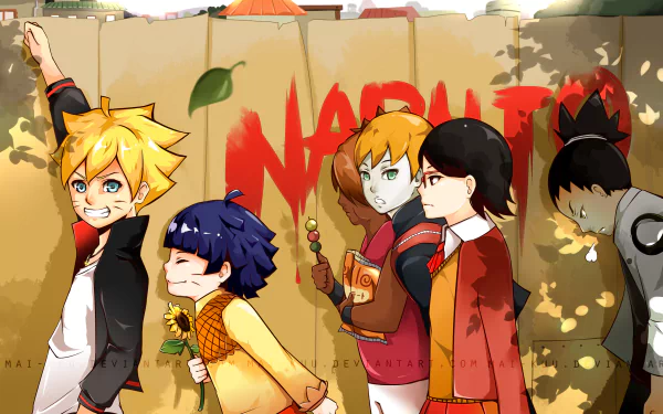 HD desktop wallpaper featuring characters Inojin Yamanaka, Himawari Uzumaki, Chouchou Akimichi, Shikadai Nara, Sarada Uchiha, and Boruto Uzumaki from the anime Boruto against a colorful backdrop.