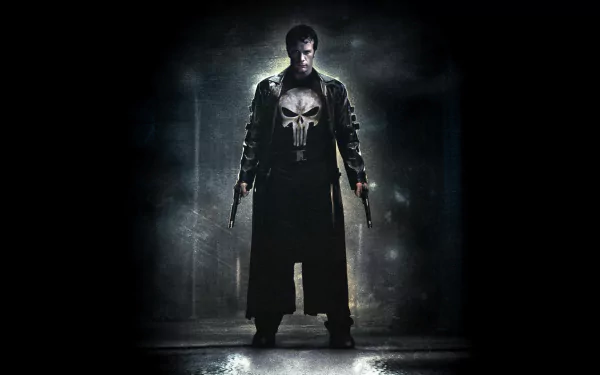 HD PC desktop wallpaper featuring The Punisher (2004) movie character standing in a dark, smoky environment, wearing a coat with the iconic skull emblem.