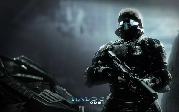 Video game HD PC desktop wallpaper and background: Halo 3: ODST soldier in full armor, rifle raised, standing in a dim, rain-soaked urban scene.