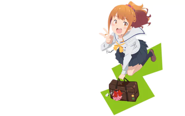 HD anime wallpaper featuring Megumi Jinno from EroManga-Sensei, depicted in a school uniform with a peace sign and school bag against a white background with green geometric shapes.