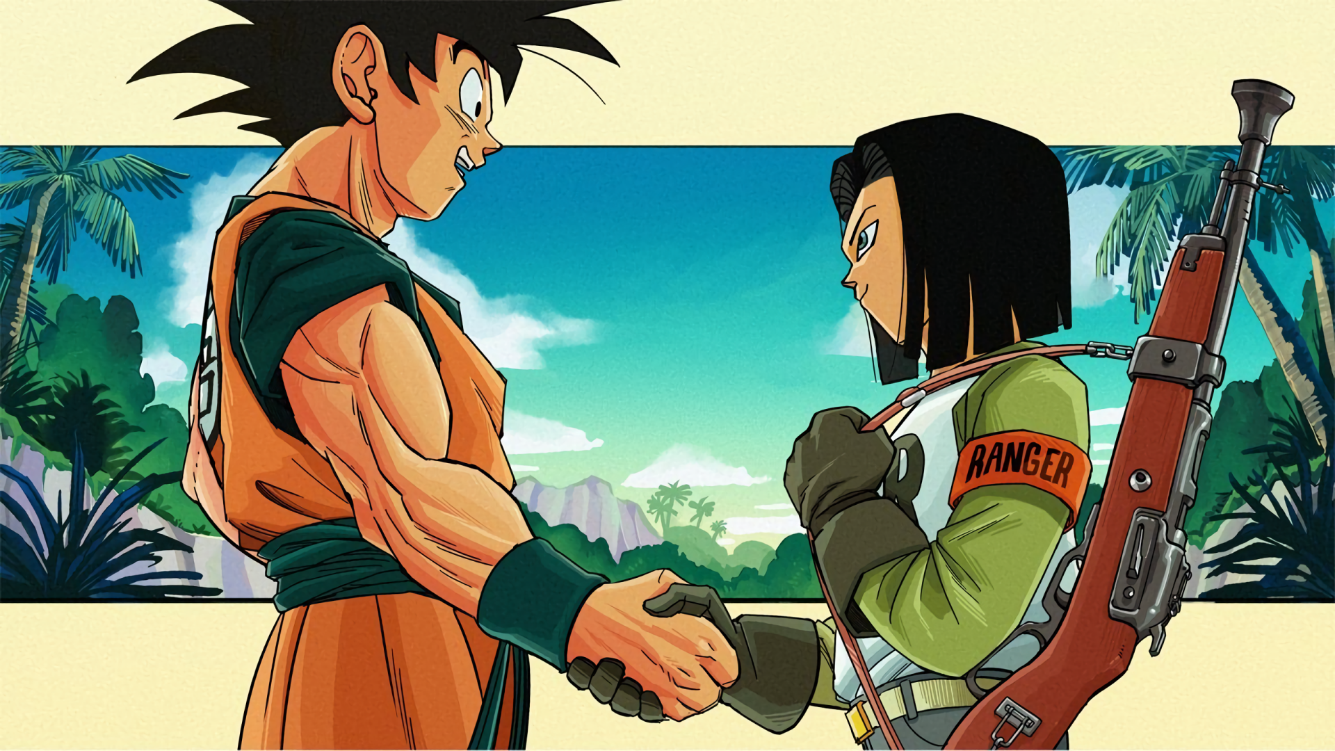 HD desktop wallpaper featuring Dragon Ball Super characters Goku and Android 17 shaking hands against a bright blue sky and tropical background.