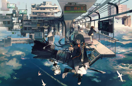 HD desktop wallpaper of an original anime illustration featuring a girl with long dark hair in a futuristic train station setting.