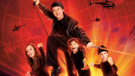 HD desktop wallpaper from the movie The Spy Next Door, featuring Jackie Chan with three children and helicopters in an action-packed pose against a vibrant red background.