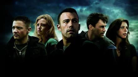 HD movie-poster desktop wallpaper: five stern figures in dark jackets stand under a stormy teal sky, a tense ensemble portrait in cinematic lighting.