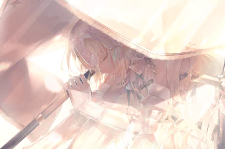 A stunning HD desktop wallpaper depicting Jeanne d'Arc from Fate/Apocrypha and Ruler/Saber from Fate/Grand Order in soft, ethereal colors.